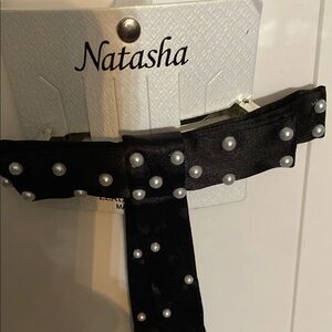 Natasha Couture Black and White Satin and Pearls Barrette Hair Bow NWT